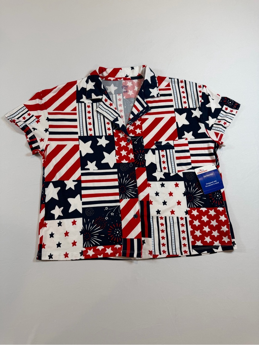 Celebrate Patriotic Red, White &‎ Blue Patchwork Star Button-Up Shirt X-Small